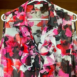 Tahari Arthur Levine Ruffle Blouse, sleeveless, size XL, collar V neck